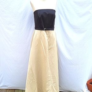 Ladies strapless evening gown, black top, gold/taupe bottom, sateen, wrap, sz 10